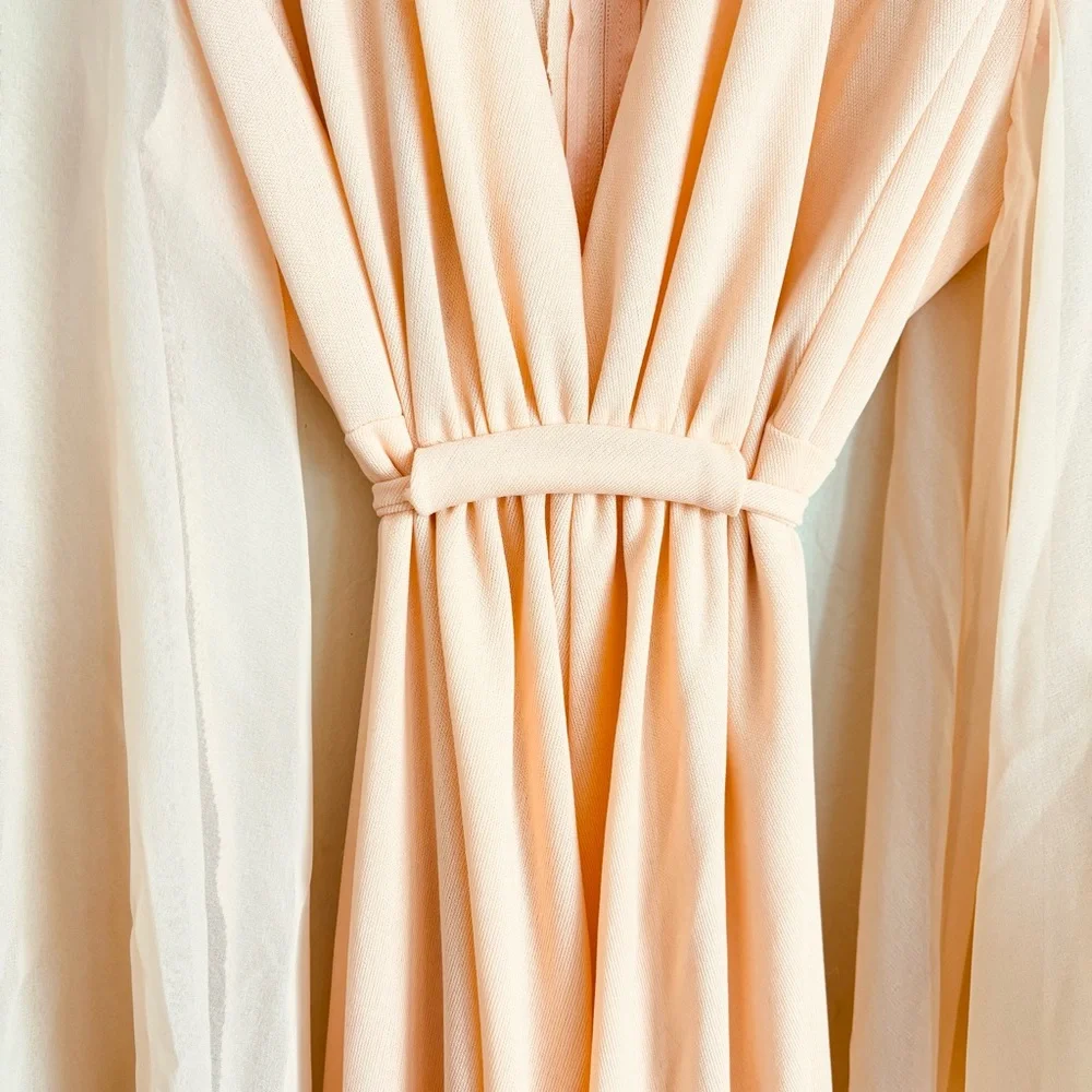Vintage 1970s Peach Angel Wing Sleeve Deep V-neckline Empire Waist Maxi Dress - Picture 8 of 15
